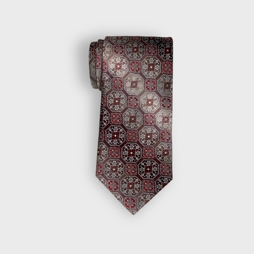 Vintage 90’s Pierre Cardin Medallion Silk Tie in Burgundy/ White